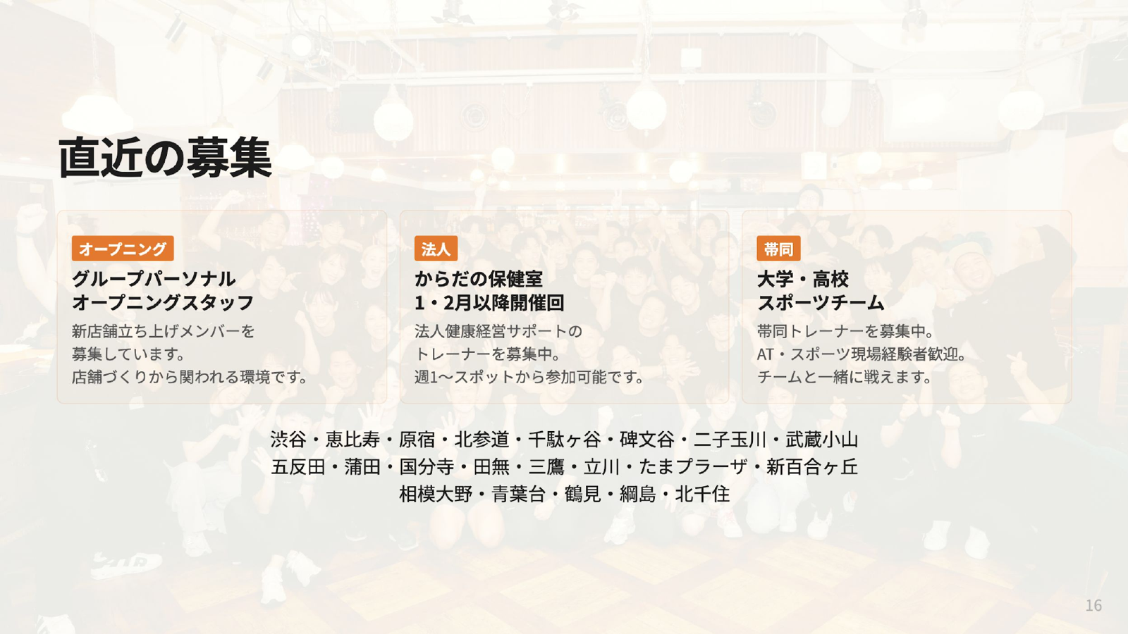直近の募集:グループパーソナル オープニングスタッフ/からだの保健室 開催回/帯同 大学・高校スポーツチーム(AT・スポーツ現場経験者歓迎、チームと一緒に戦えます)。
